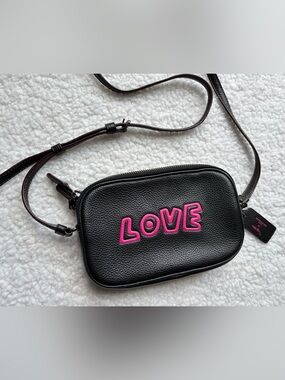 NWOT Coach x Keith Haring Black Leather Crossbody Bag Pink "LOVE" graffiti